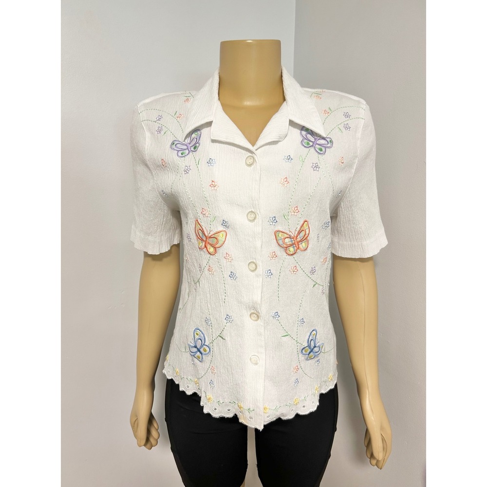 Y2K Alfred Dunner White Butterfly Embroidered Scalloped Hem Blouse Petite 16P